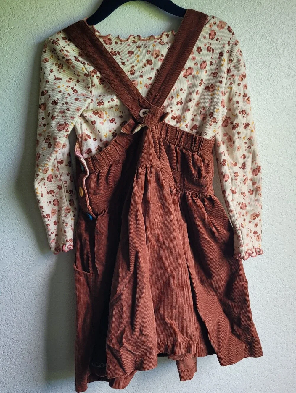 Matilda Jane Girls Brown Corduroy Pinafore Dress with Floral Embroidered. Size 4